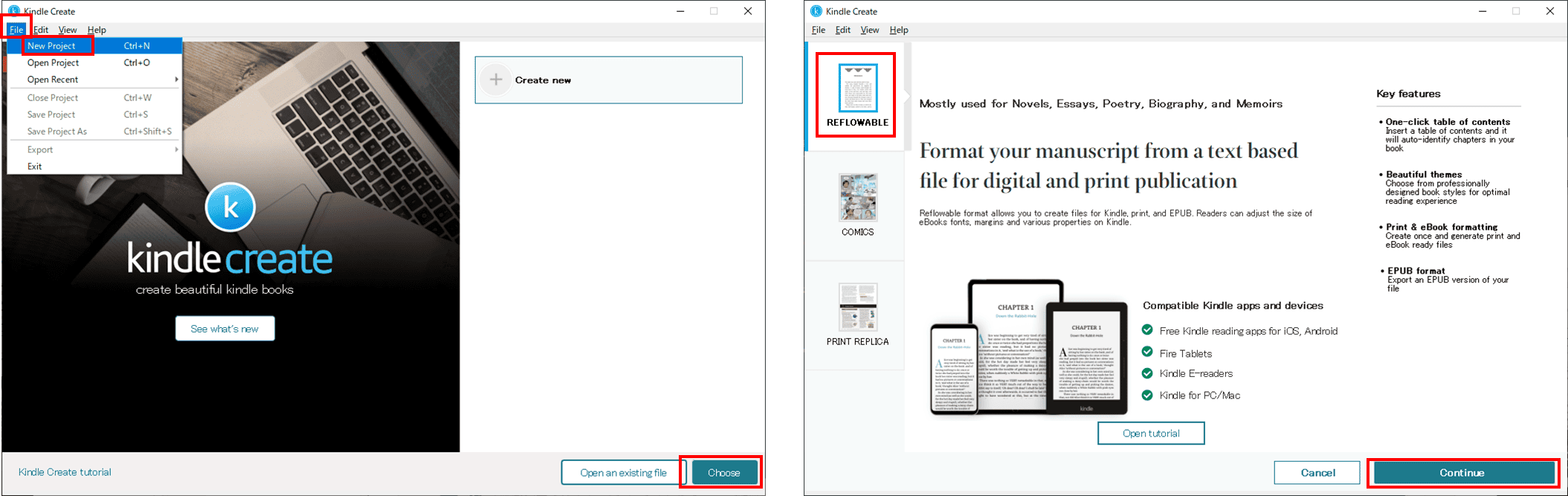 Kindle Createで新規プロジェクトを作成する