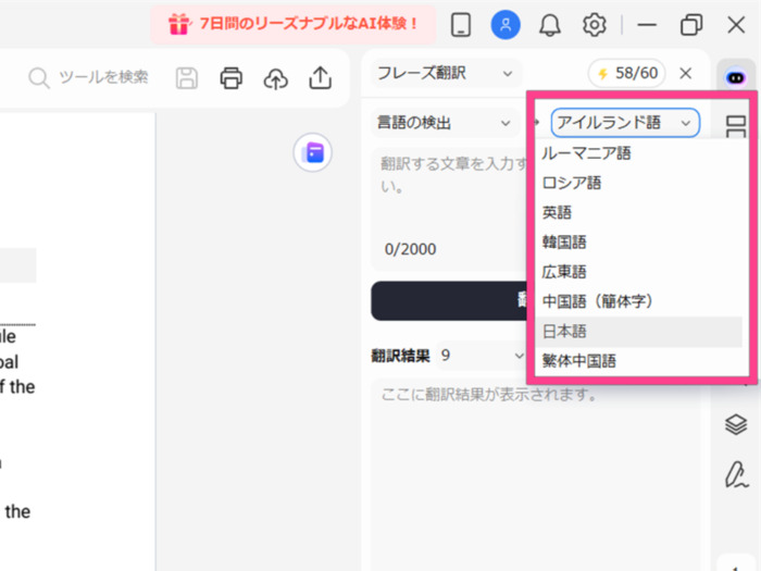 pdf翻訳の言語設定
