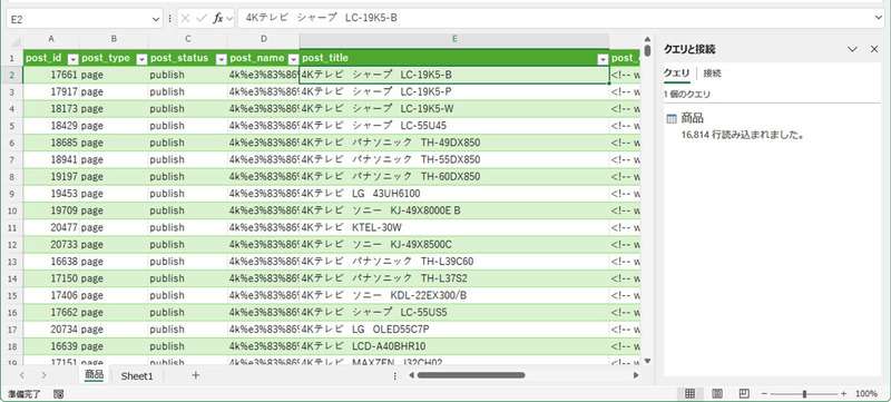 ExcelでCSVを文字コード指定して開いた
