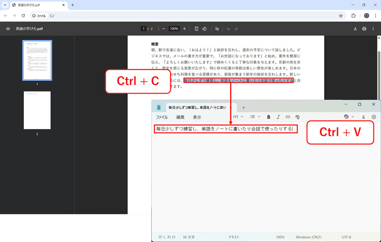 windowsのブラウザでPDFから文字をコピーする