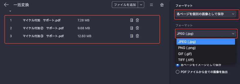 ファイルを追加し、出力形式を設定