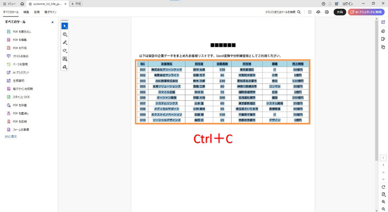 エクセルに変換したいPDFの表を選択