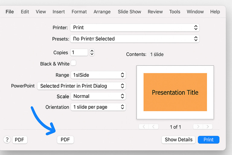 印刷プレビュー画面の左下にある「PDF」ボタンを選択