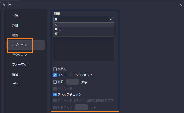 フォームプロパティ（オプション）