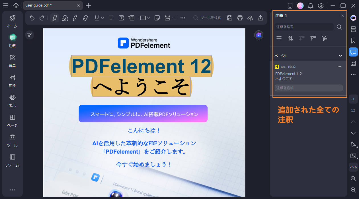 注釈の詳細設定